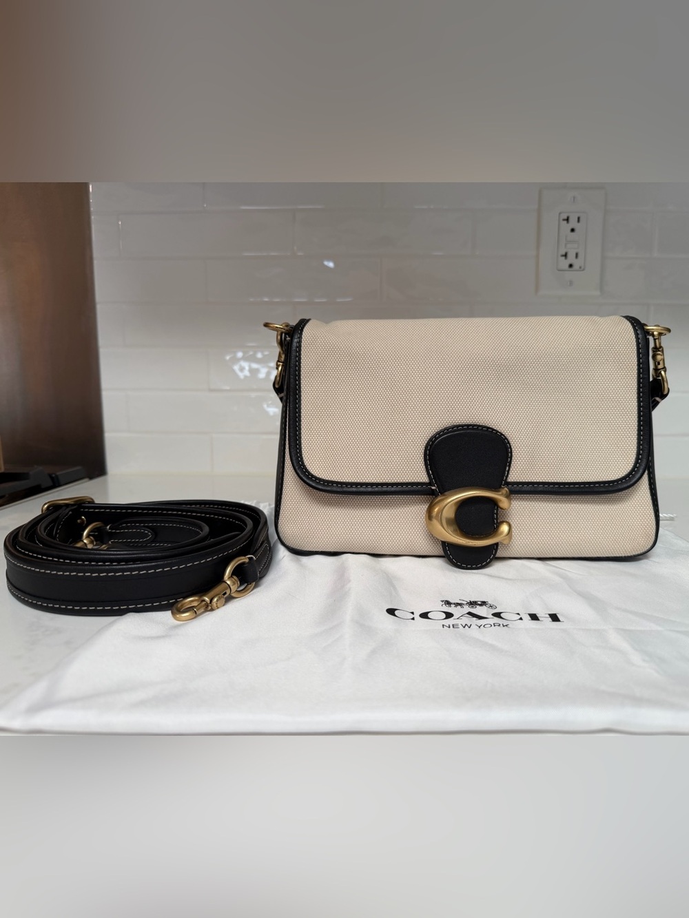 Coach Soft Tabby Shoulder Bag in Cream with Black Trim